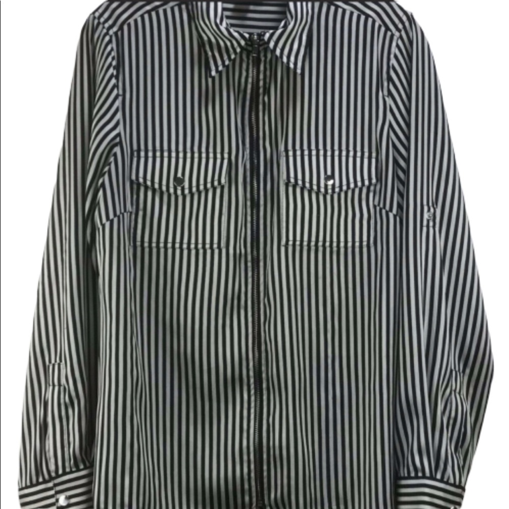 Tracy N. Womens Black White Striped Blouse Jacket